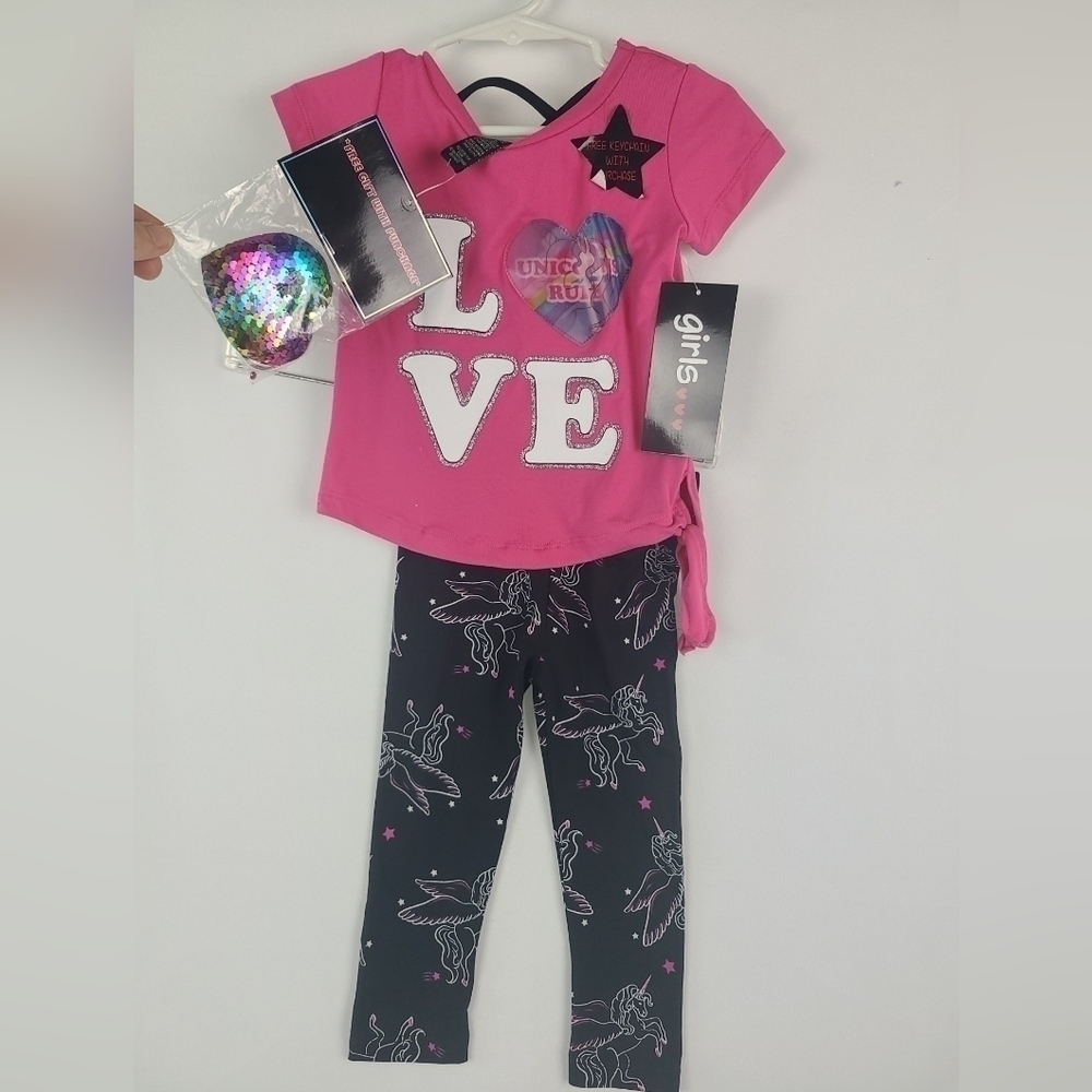 NEW Girl's 2 Pc Set Pink Unicorn T-Shirt/Black Leggings Sz 2T NWT MSRP $46